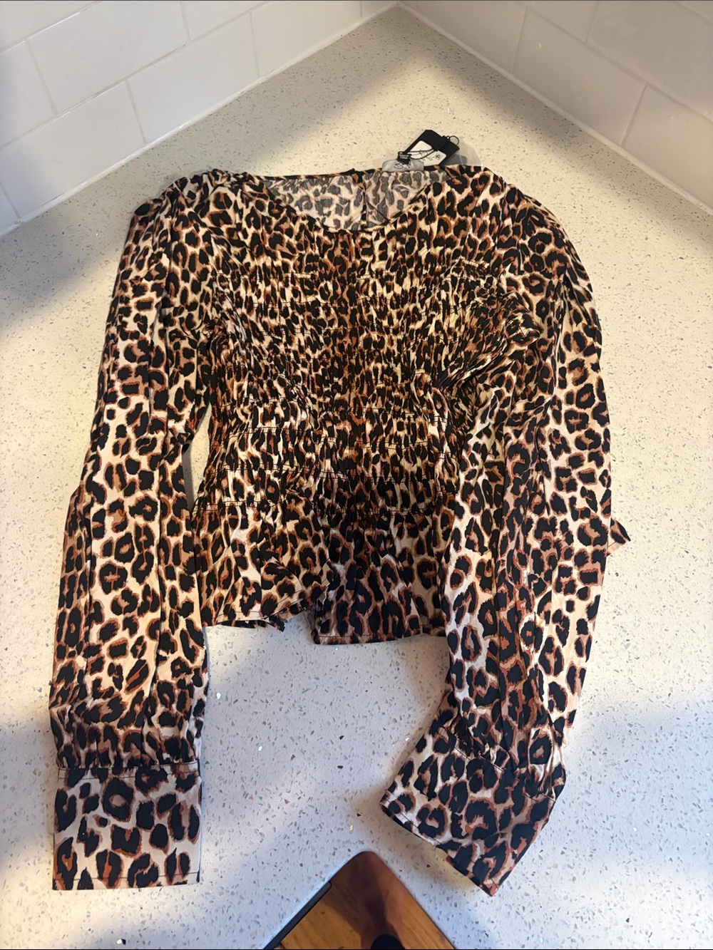 Rails Leopard Print Long Sleeve Smocked Waist Top - Brown & Black
